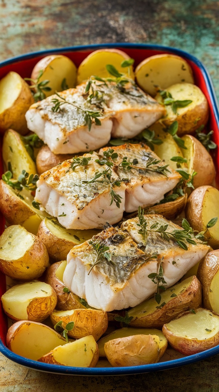 Poisson au Four aux Pommes de Terre Savoureux Un plat de poisson au four avec pommes de terre rôties et garniture d