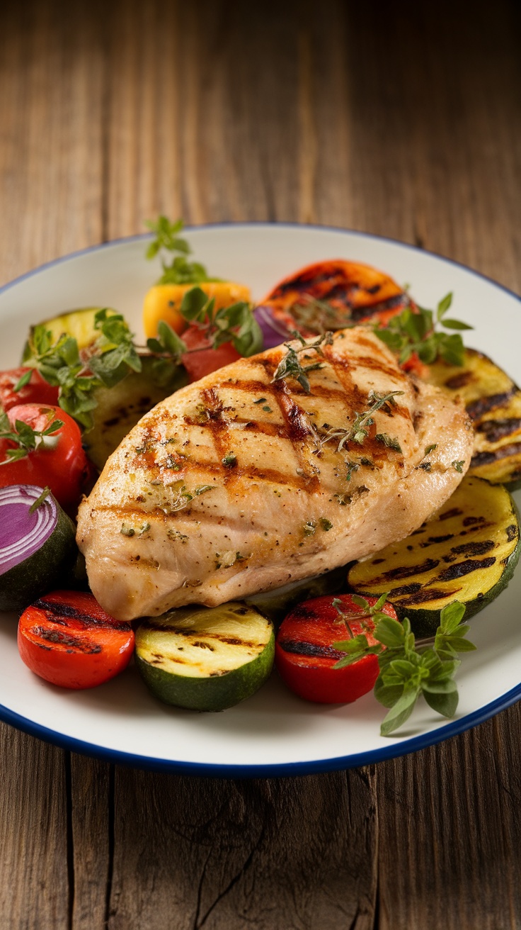 Blanc de Poulet à la Plancha avec Marinade Épicée Blanc de poulet à la plancha doré avec légumes grillés et herbes fraîches.