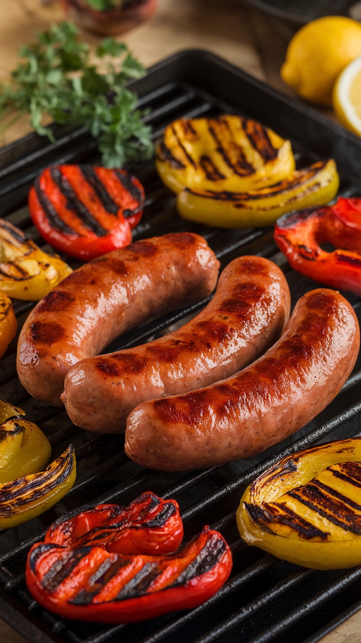 Saucisses artisanales grillées avec des légumes colorés sur une plancha