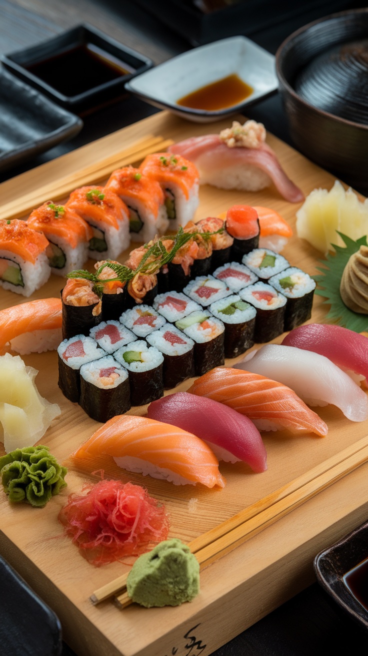 An assortment of sushi rolls and sashimi arranged beautifully on a wooden platter.