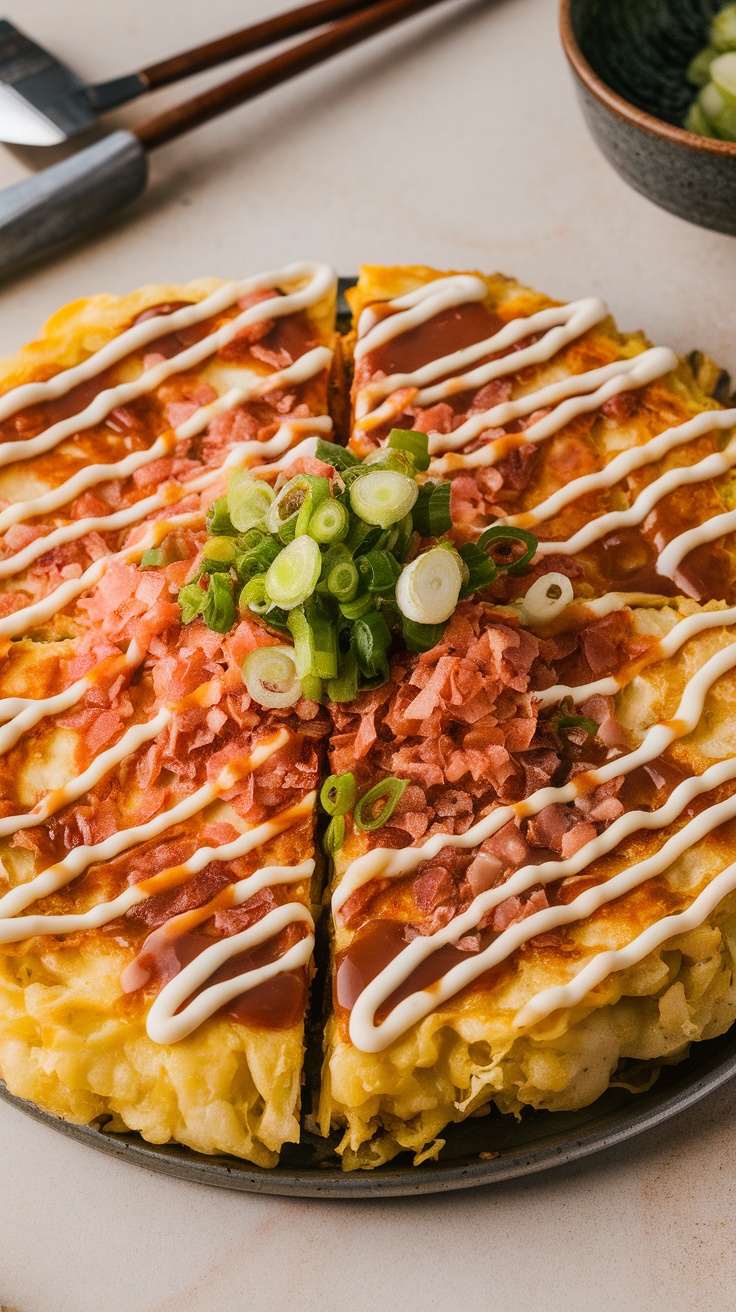 A beautifully presented okonomiyaki topped with mayonnaise, sauce, and green onions.