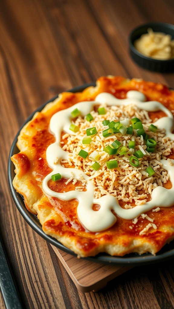 Savory Okonomiyaki topped with mayonnaise, green onions, and tempura scraps.