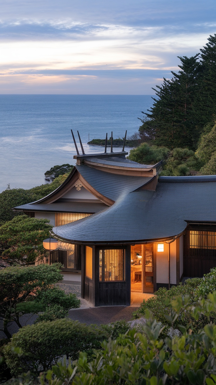 Exterior view of a seaside hotel featuring traditional Japanese architecture with a unique roof and ocean backdrop.