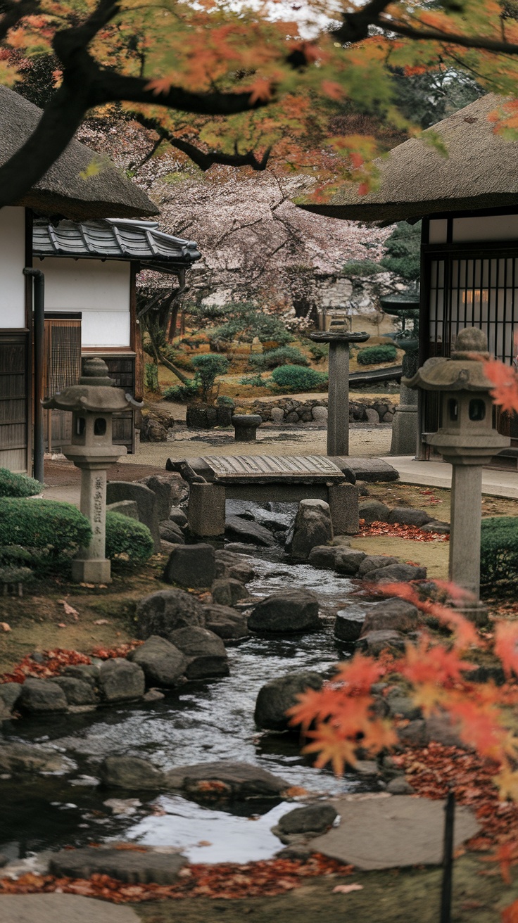 A scenic view of a Japanese garden in autumn, featuring colorful leaves, cherry blossoms, stone lanterns, and a small wooden bridge over a stream.