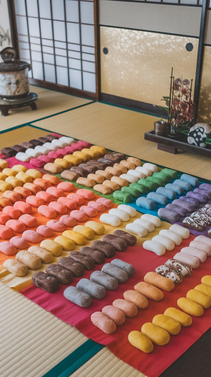 A colorful display of various mochi arranged neatly on a tatami mat.