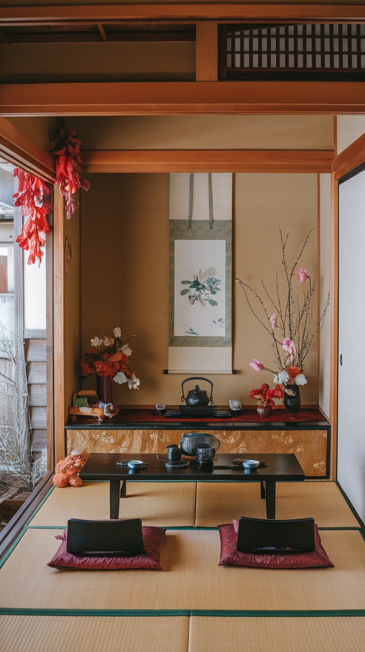 A serene Japanese tea room decorated for a seasonal tea ceremony with traditional elements.