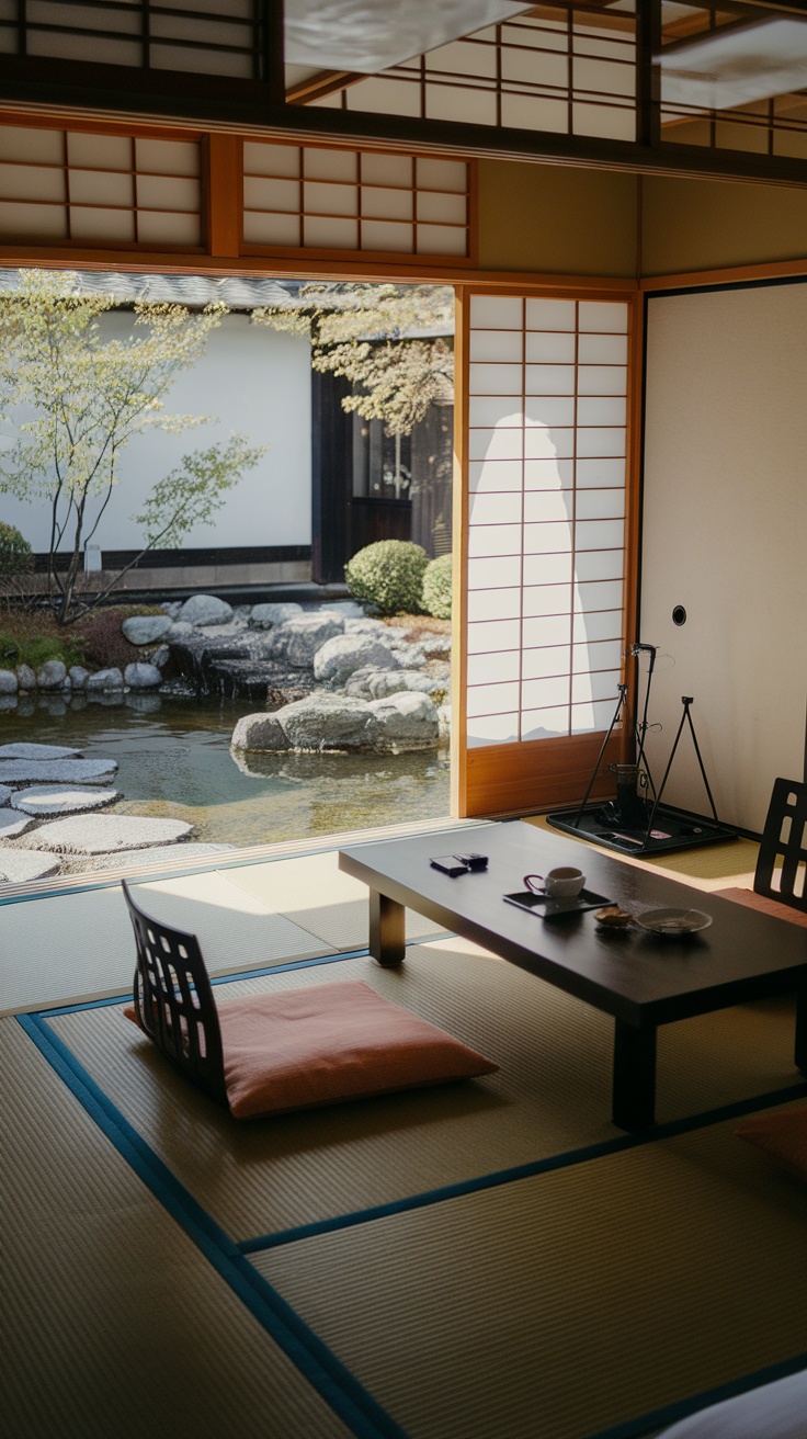 Japanese hotel room with a view of a serene zen garden, featuring tatami mats and a low table.