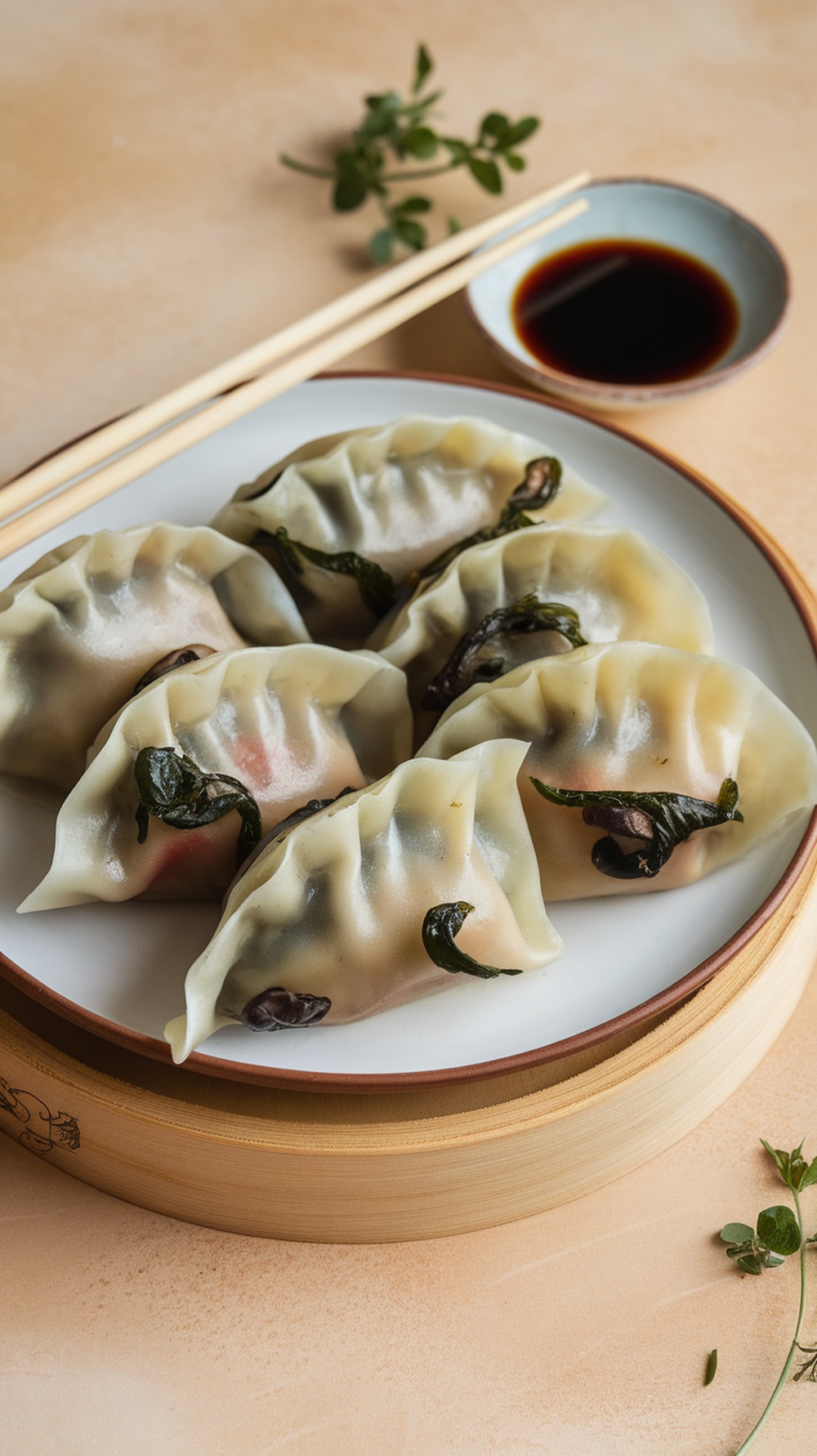 Plate of shiitake mushroom and spinach gyoza with dipping sauce