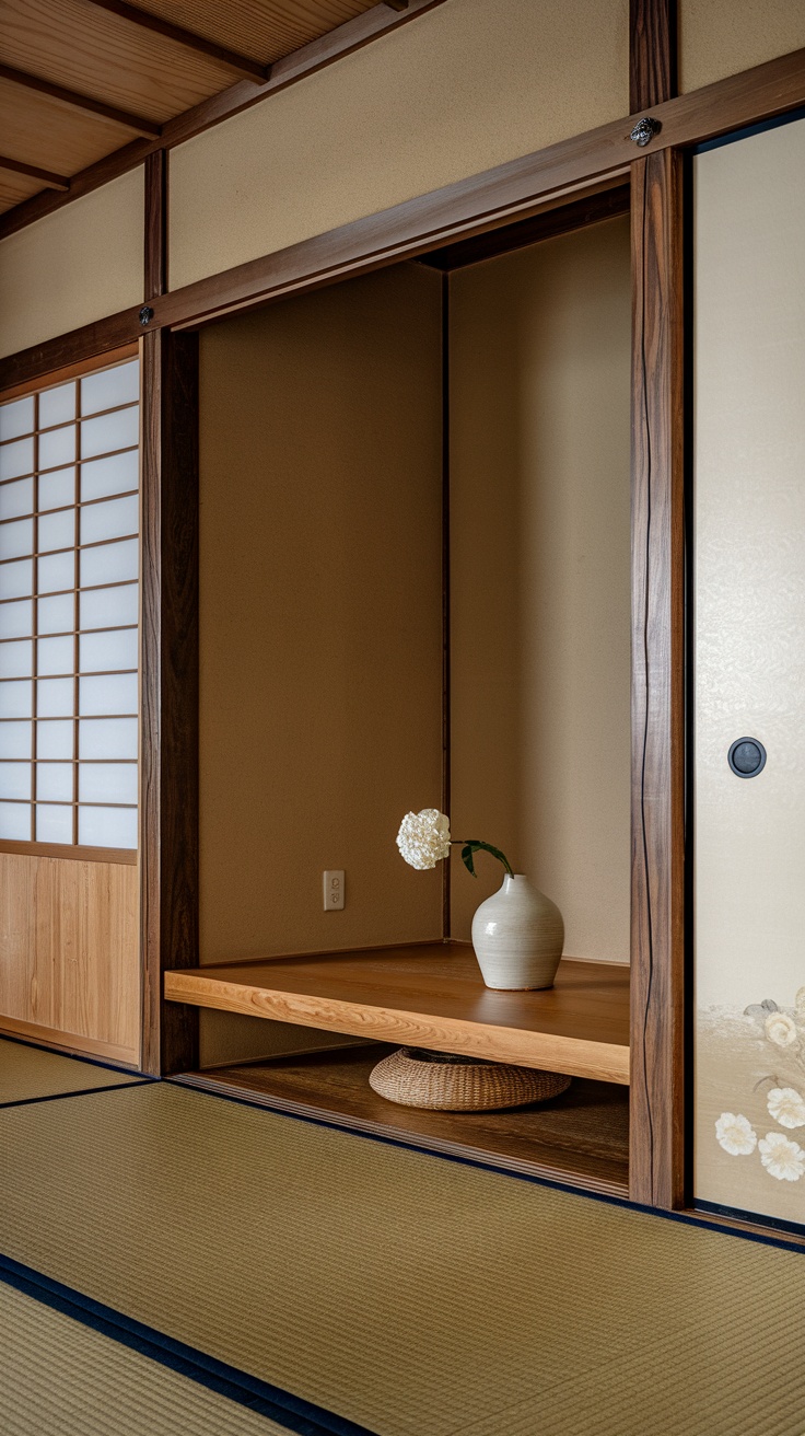 A serene Japanese Zen living room featuring a simple wooden shelf with a vase and a flower.