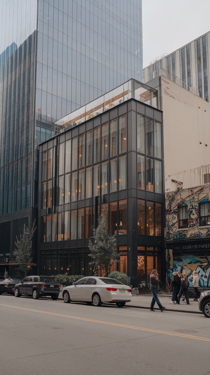 Exterior view of a sleek urban boutique hotel with large windows and modern architecture.