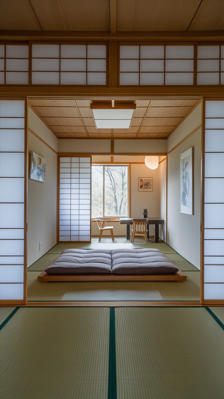 A small Japanese bedroom with sliding doors and a futon on tatami mats.