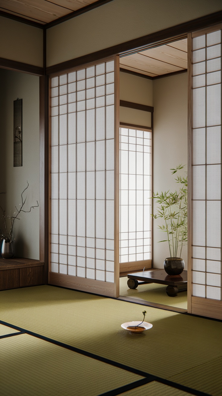 A Japanese Zen living room featuring sliding shoji screens and a simple decor.
