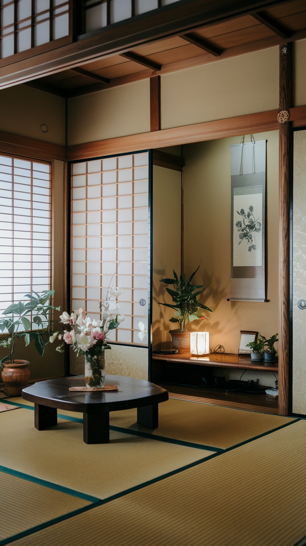 A cozy Japanese living room with sliding Shoji screens and a low wooden table.