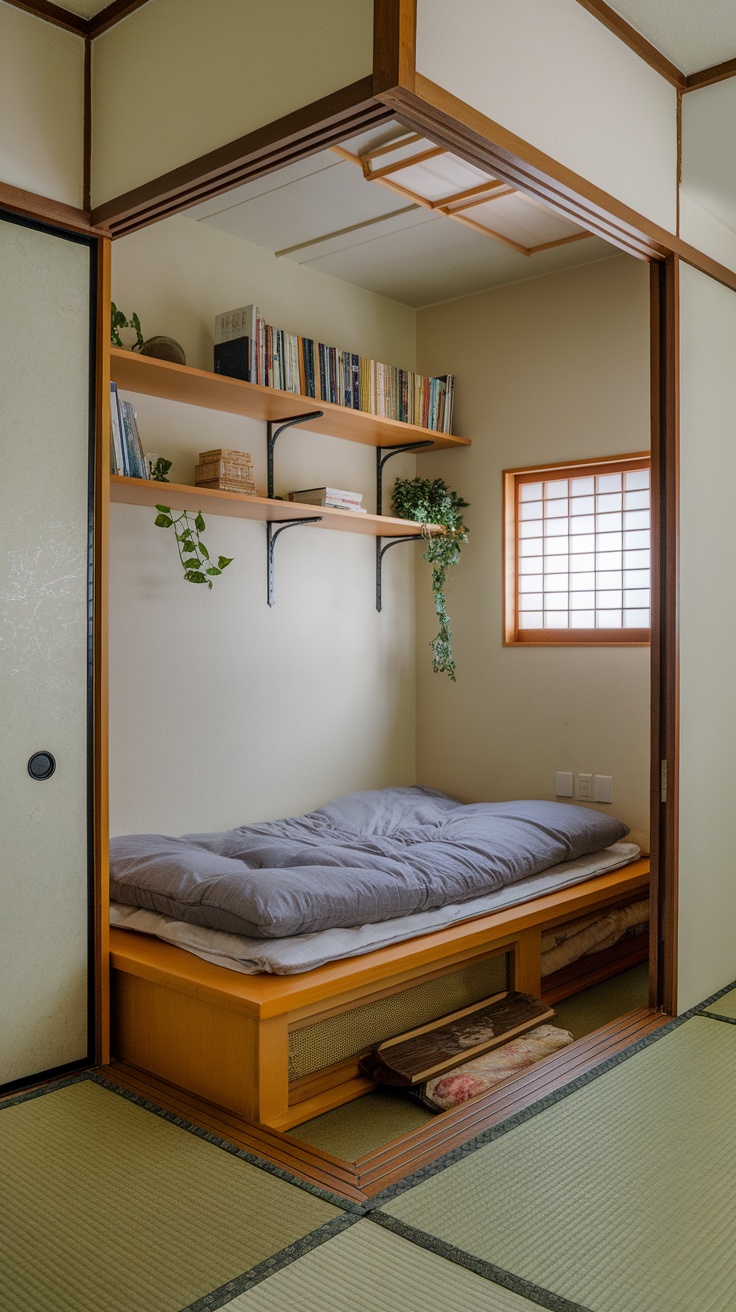 A small Japanese bedroom featuring a low bed, open shelves with books, and plants, designed for efficient storage.
