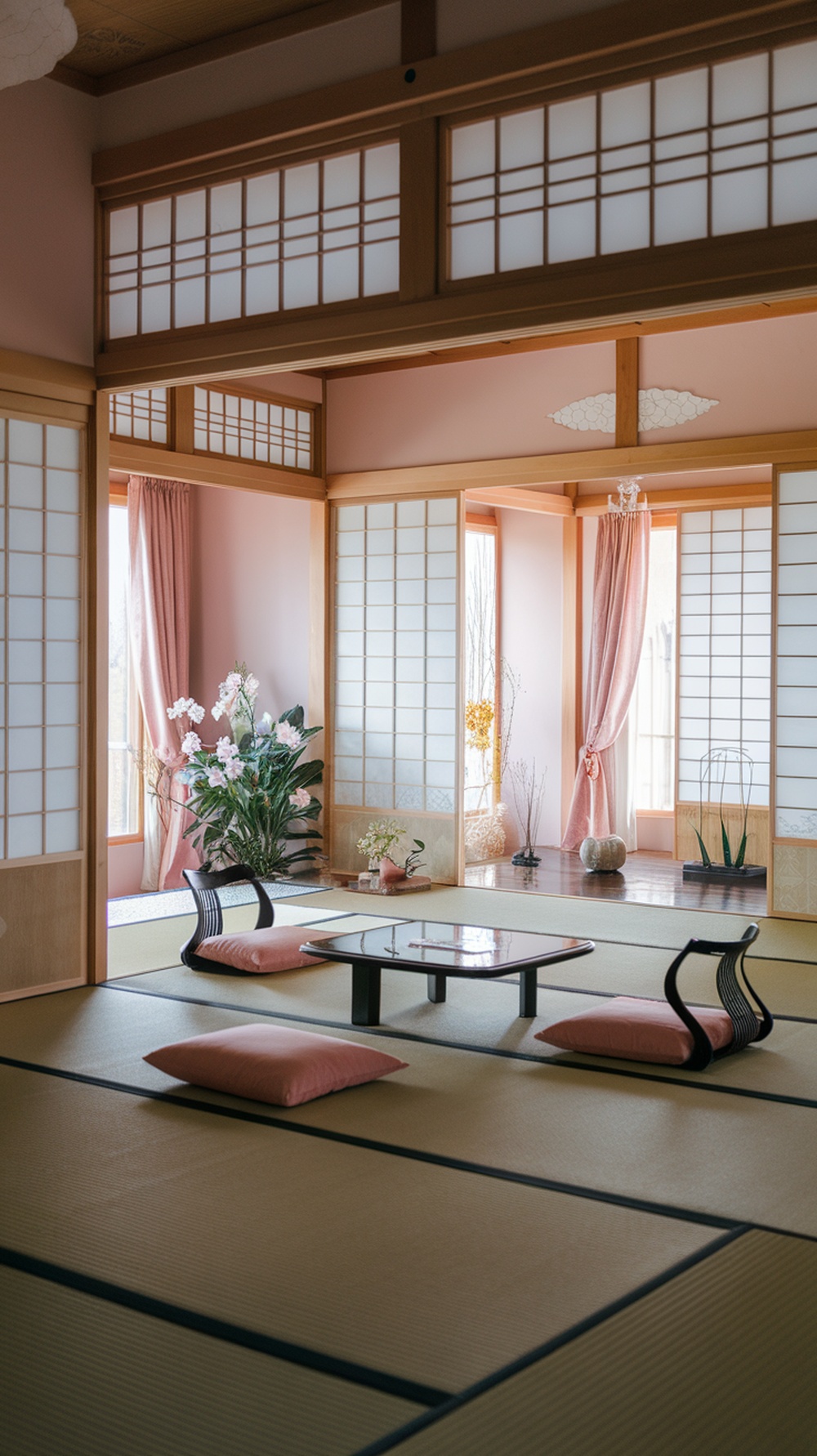 A soft pink tatami room with wooden accents, floor cushions, and plants.