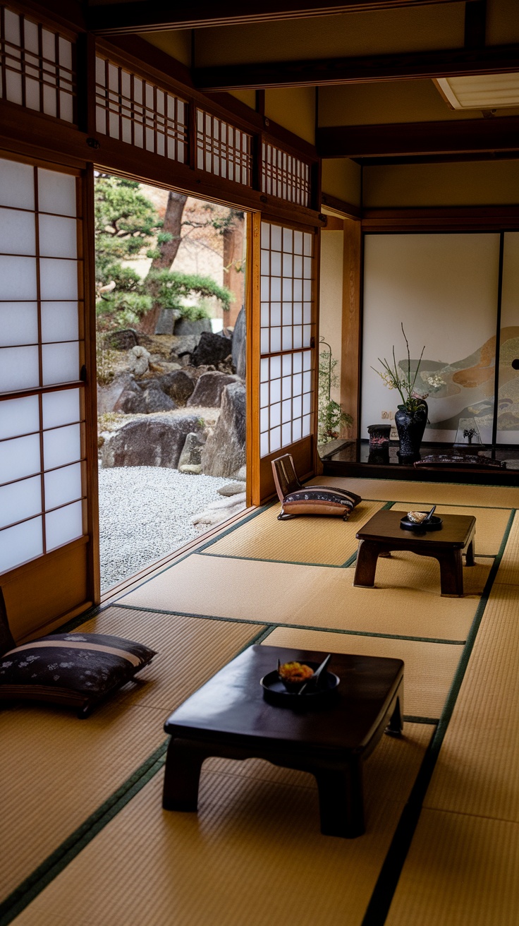 A serene Japanese tea room with soft lighting and a view of a garden.