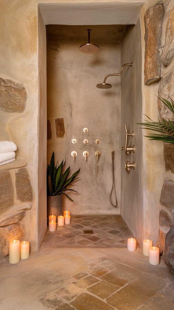 Cozy Japanese shower room with candles and plants for a tranquil ambiance.