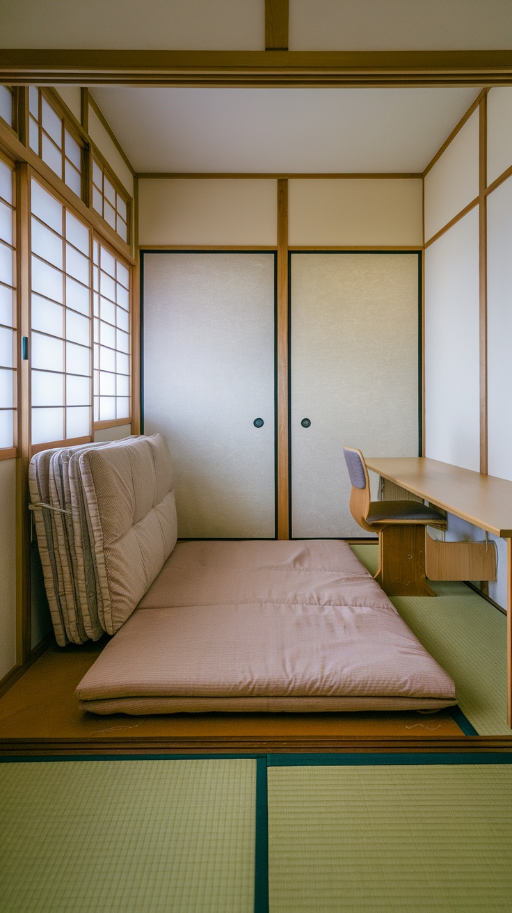 A Japanese bedroom with a futon setup, showing a minimalistic design with a tatami mat and a wooden desk.