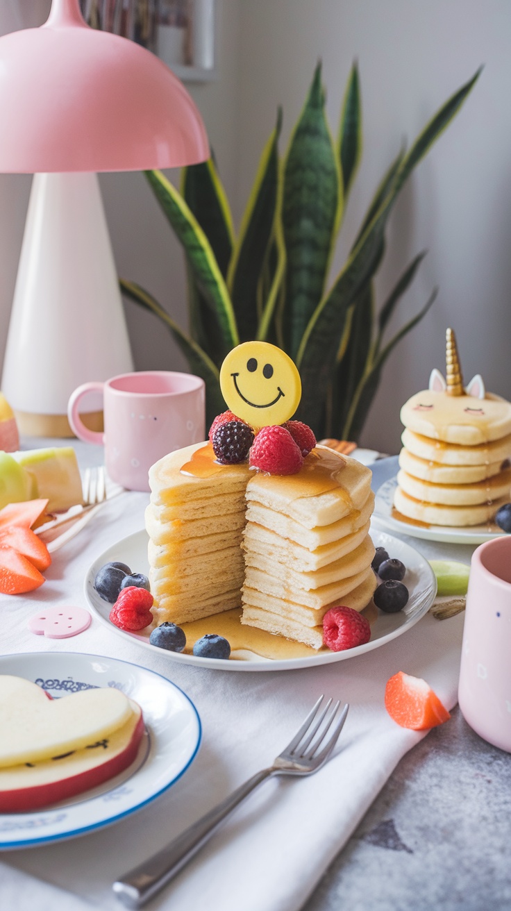 A plate of fluffy Japanese pancakes topped with berries and a smiley face.
