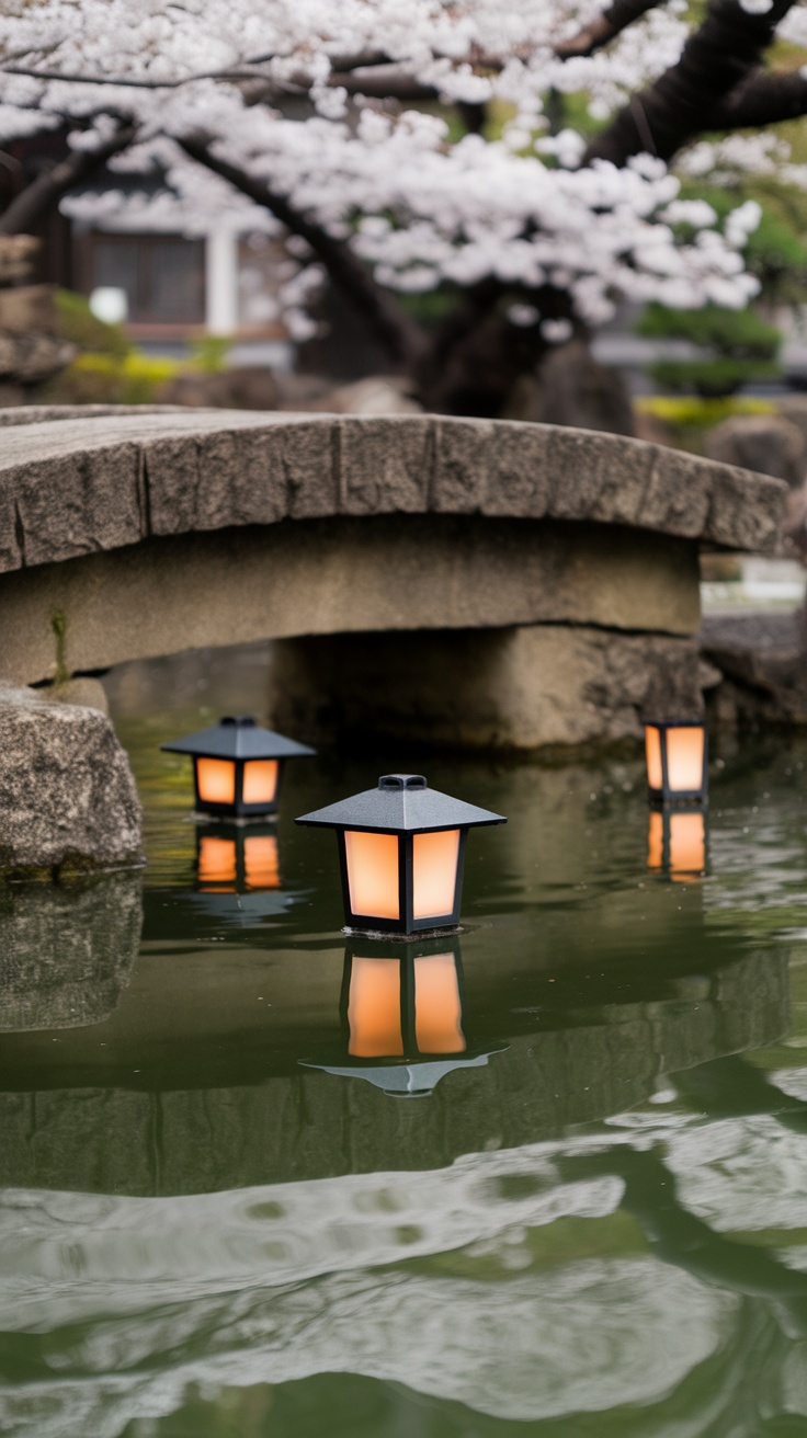 A serene Japanese garden scene featuring floating lanterns in water, a stone bridge, and cherry blossom trees.