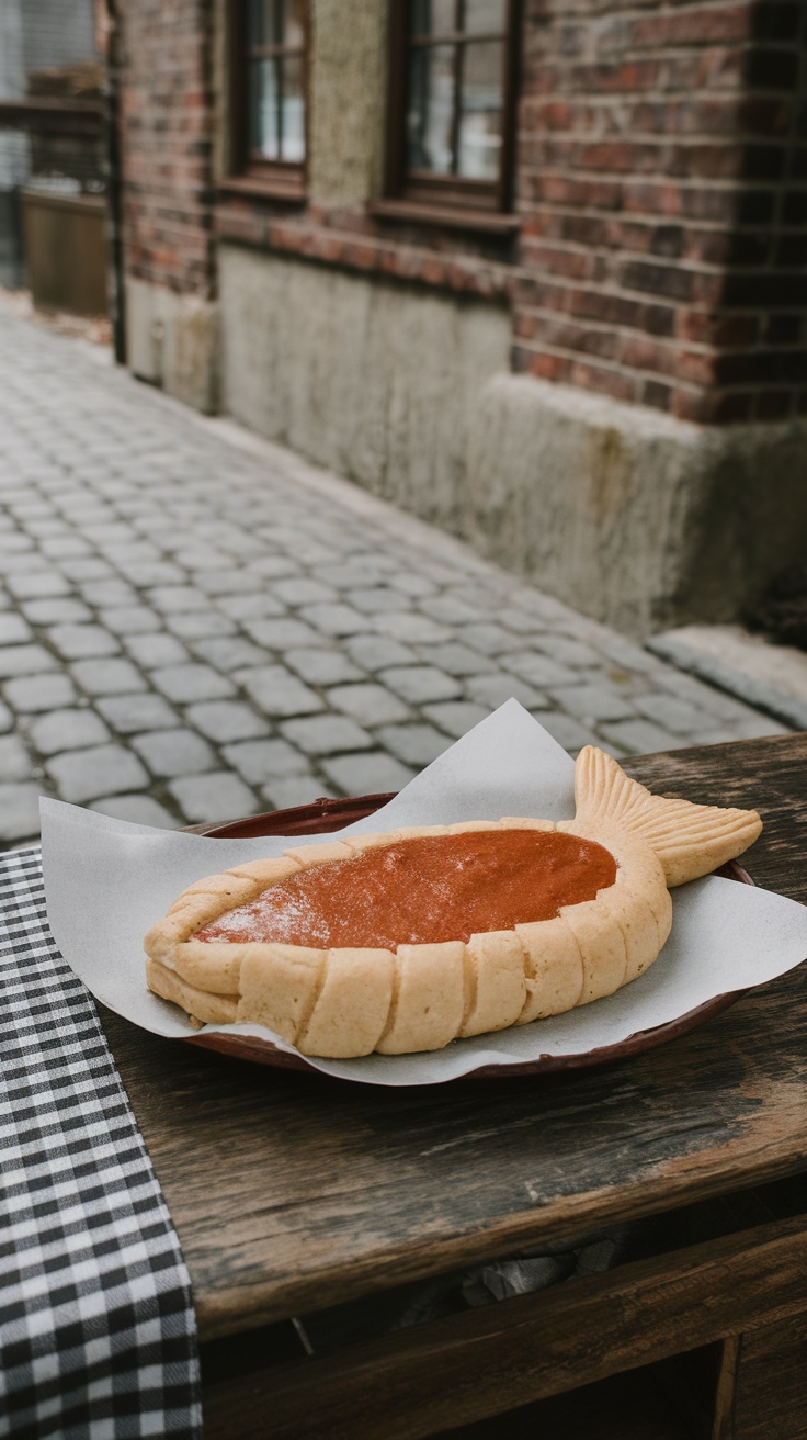 Taiyaki, a fish-shaped pastry filled with sweet red bean paste, resting on a plate.