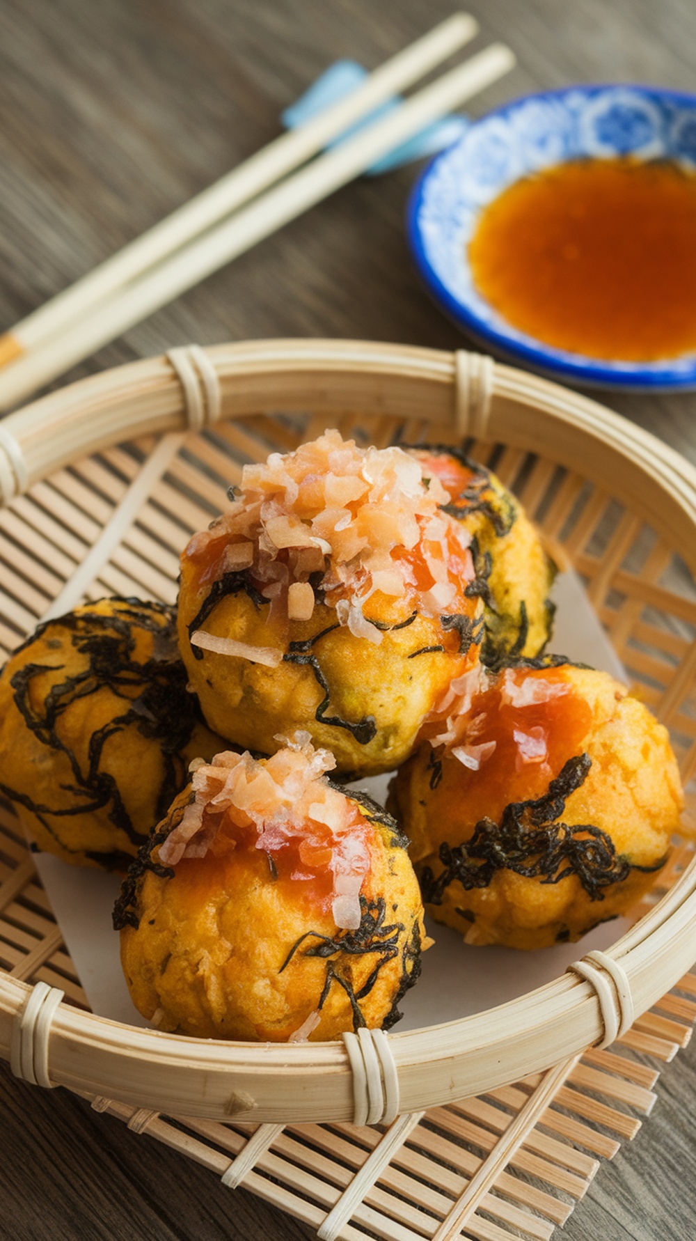 Takoyaki-inspired vegetable balls served in a bamboo basket, topped with sauce and bonito flakes.