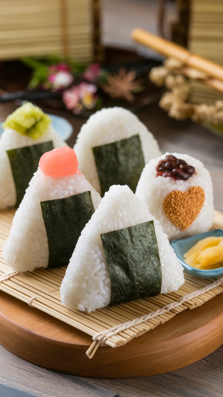 A variety of onigiri rice balls displayed on a wooden platter, showcasing different fillings and garnishes.