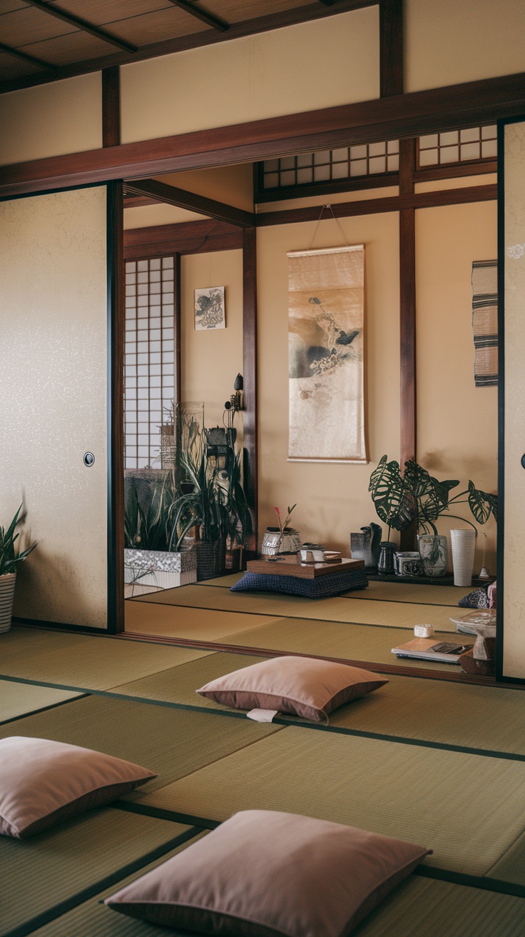A traditional Japanese living room with tatami mat flooring and soft cushions.