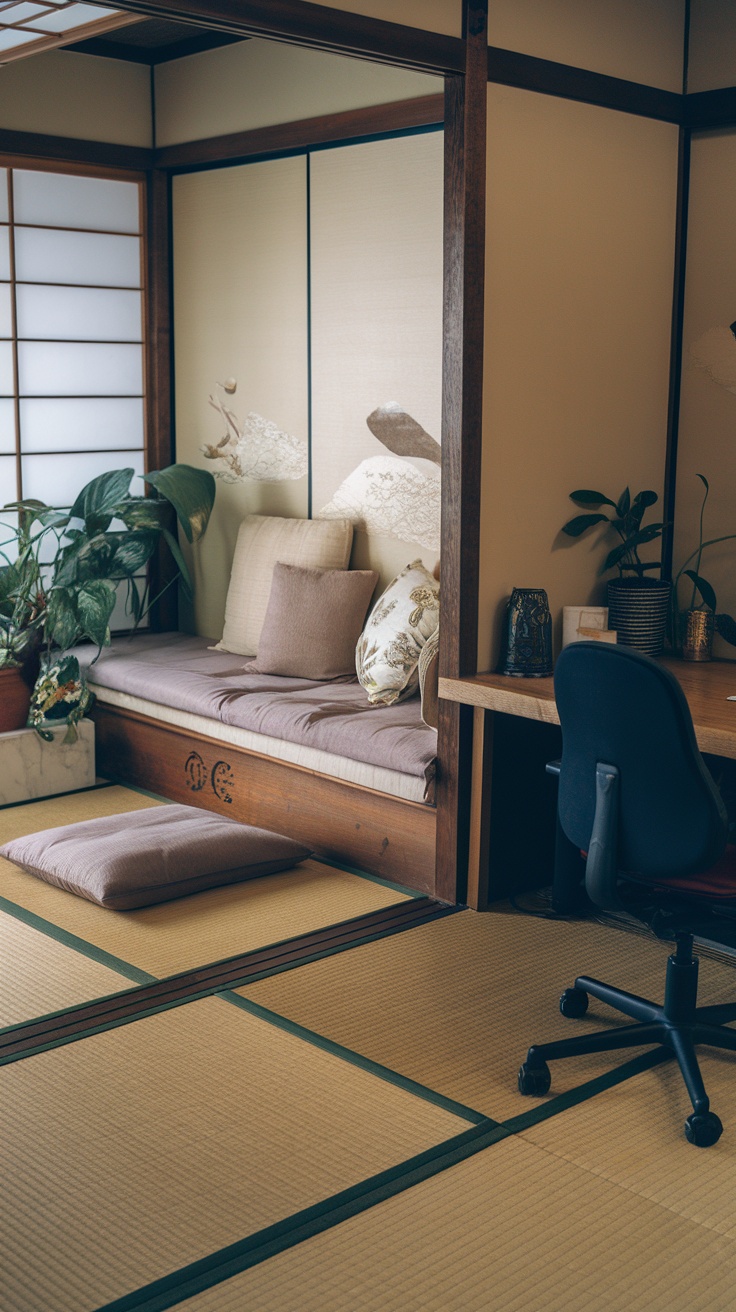A Japanese study room with tatami mat flooring, featuring a cozy seating area and a desk.