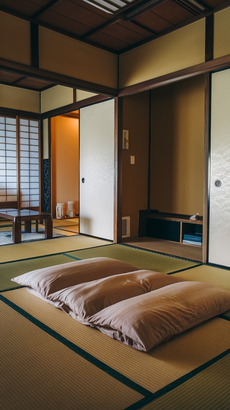 A small Japanese bedroom featuring tatami mats and futons, showcasing traditional Japanese design.