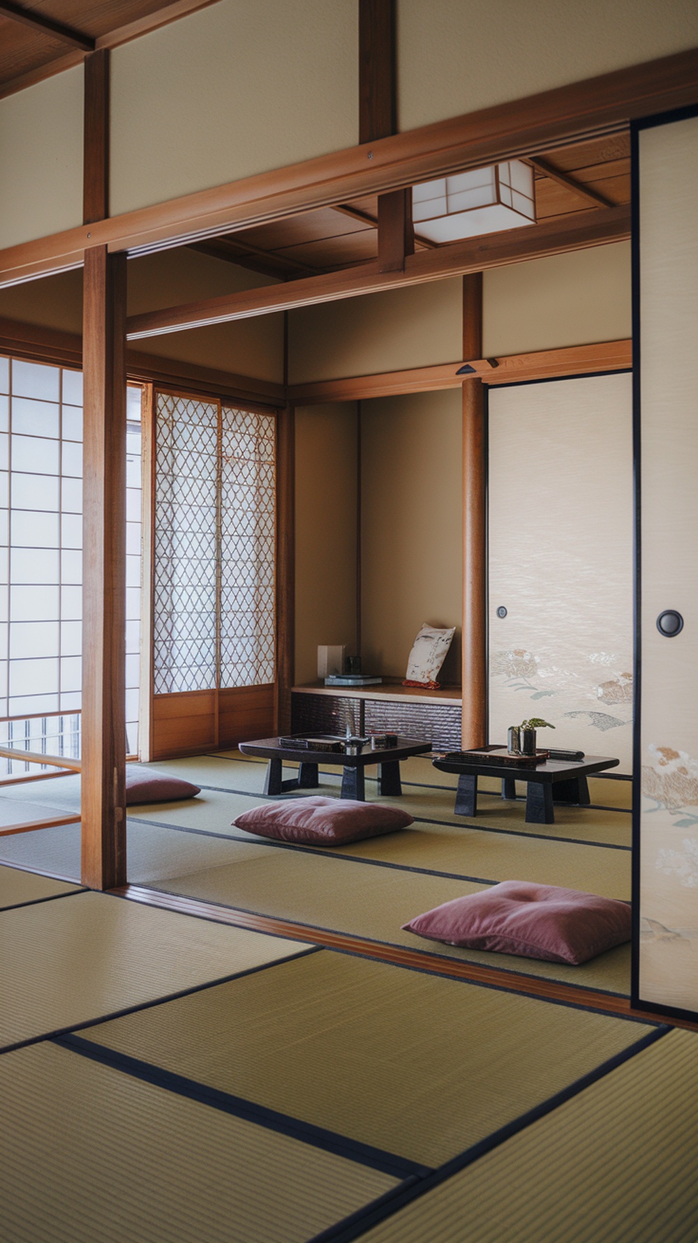 A traditional Japanese living room with tatami mats, wooden beams, and a low table.