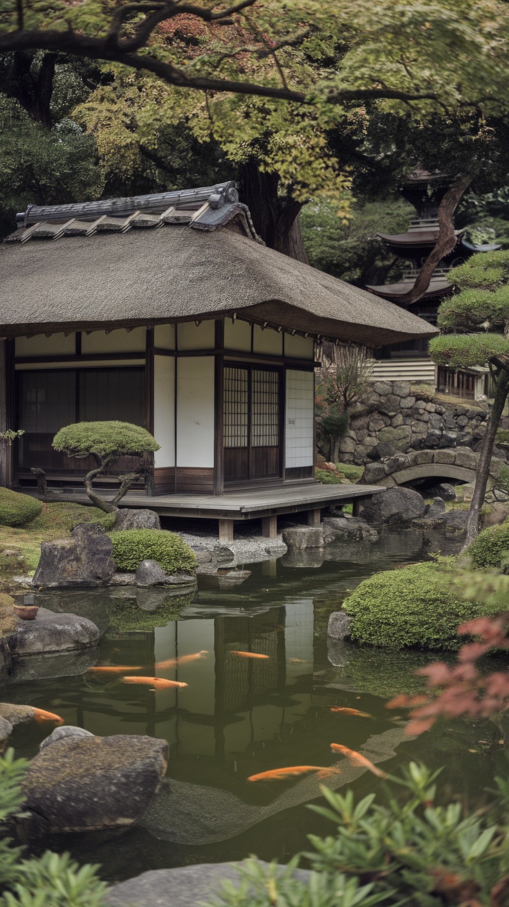 A traditional Japanese tea house next to a pond with koi fish.