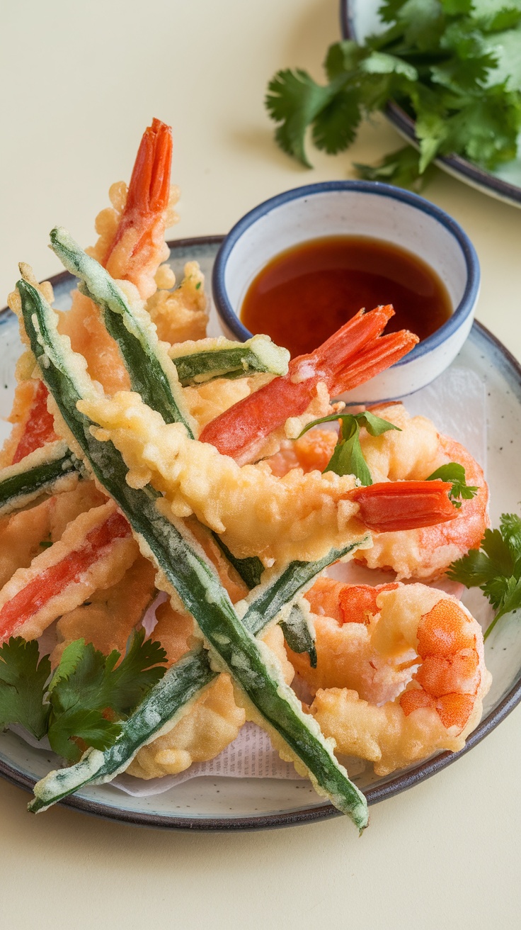 A plate of crispy tempura with shrimp and vegetables served with dipping sauce.