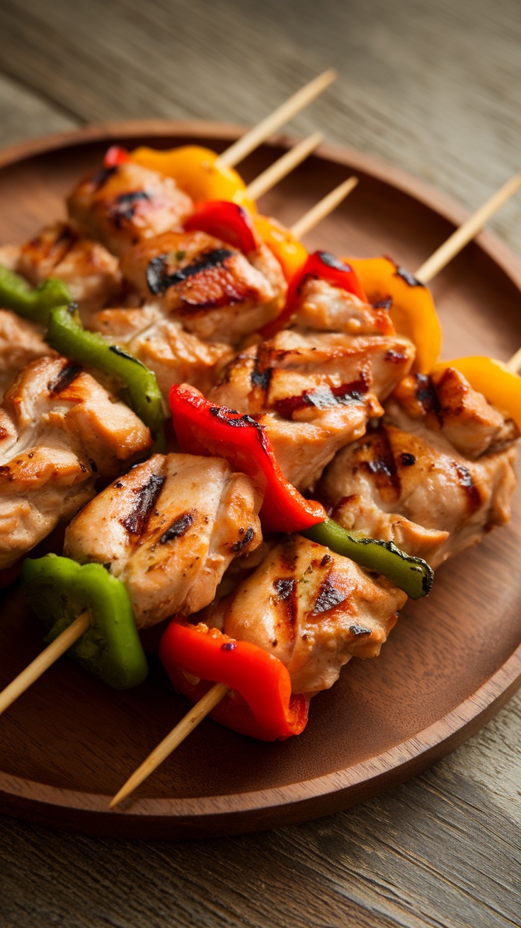 Delicious teriyaki chicken skewers with colorful bell peppers on a wooden plate.