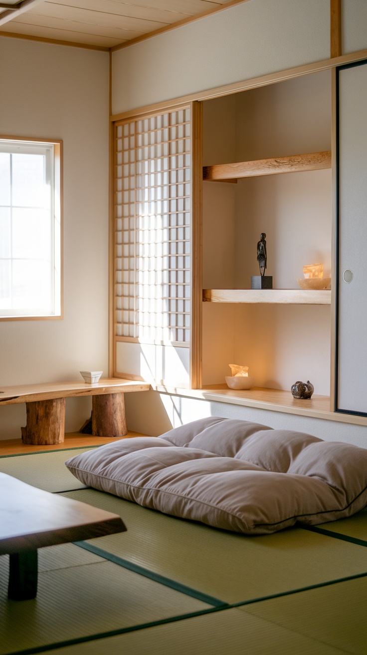 A minimalistic Japanese bedroom featuring a futon on tatami mats, wooden shelves, and natural sunlight.