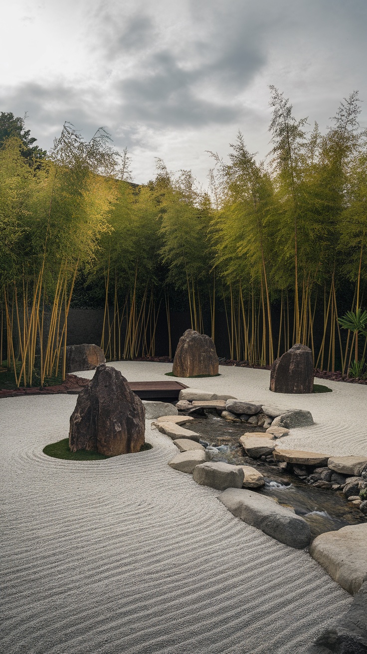 A serene Japanese garden featuring raked gravel, large stones, and bamboo.