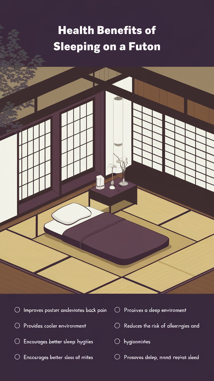 An illustration of a Japanese bedroom featuring a futon setup, emphasizing the health benefits of sleeping on a futon.