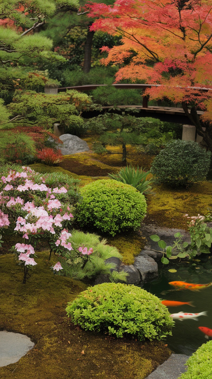 A serene Japanese garden featuring colorful plants, a pond, and a wooden bridge.