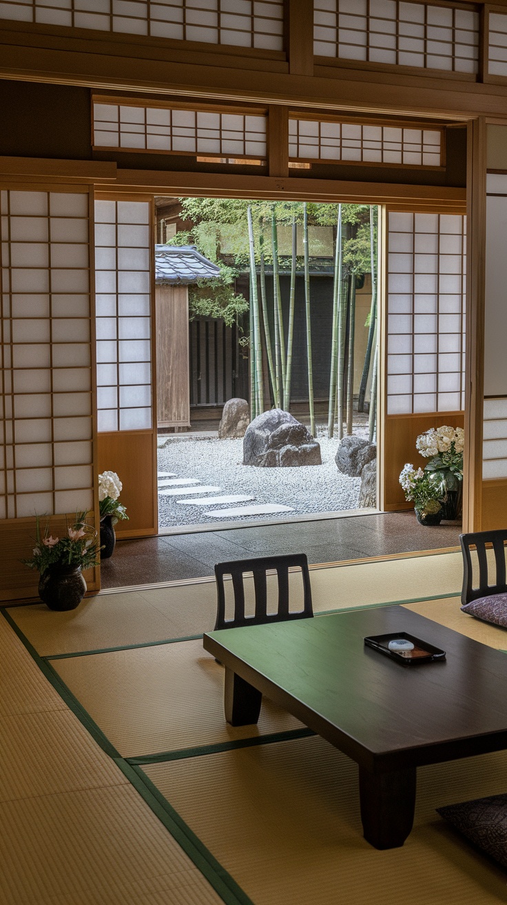 A view of a traditional Japanese tatami room with sliding shoji doors open to a garden.