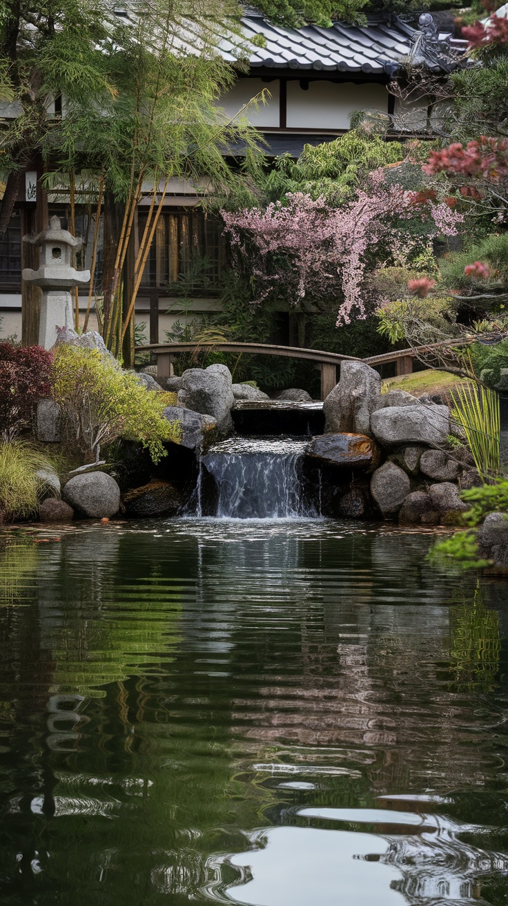 A tranquil Japanese garden featuring a pond, waterfall, cherry blossoms, and surrounding greenery.