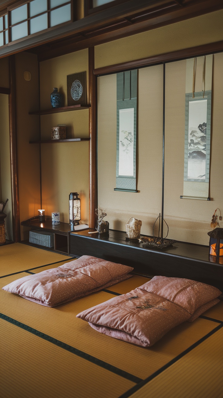 Traditional Japanese futon bedding on a tatami mat floor in a serene room setting.