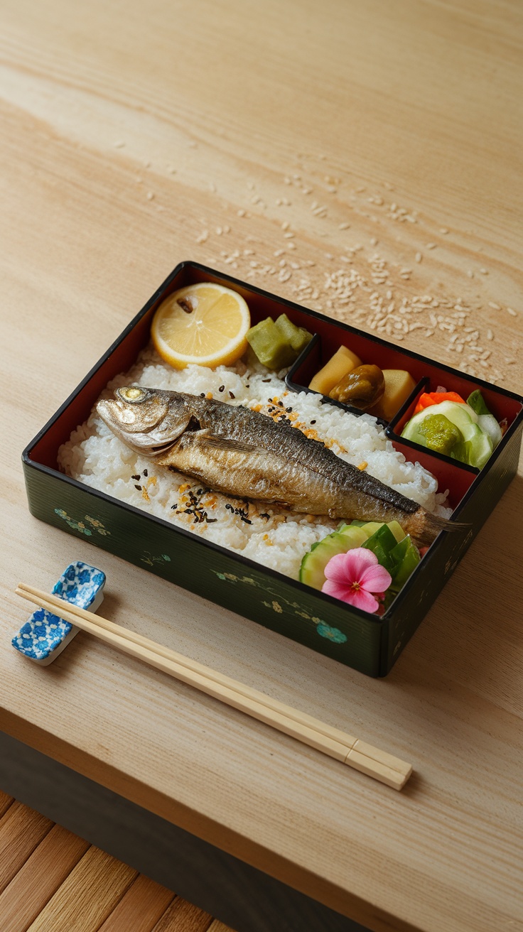 A traditional Japanese bento box featuring grilled salmon, rice, and assorted vegetables.