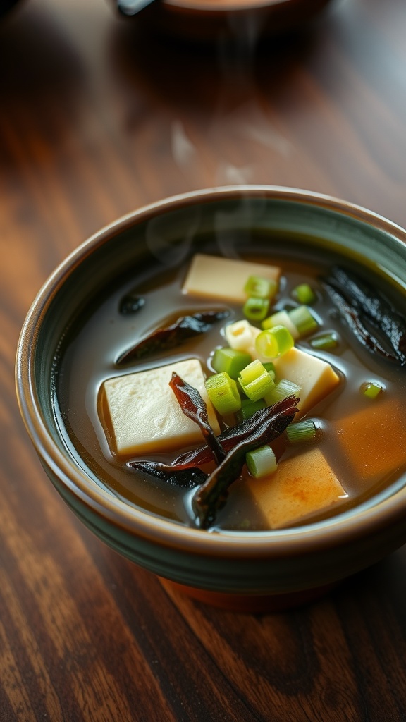 A bowl of traditional Japanese miso soup with tofu and seaweed, garnished with green onions.