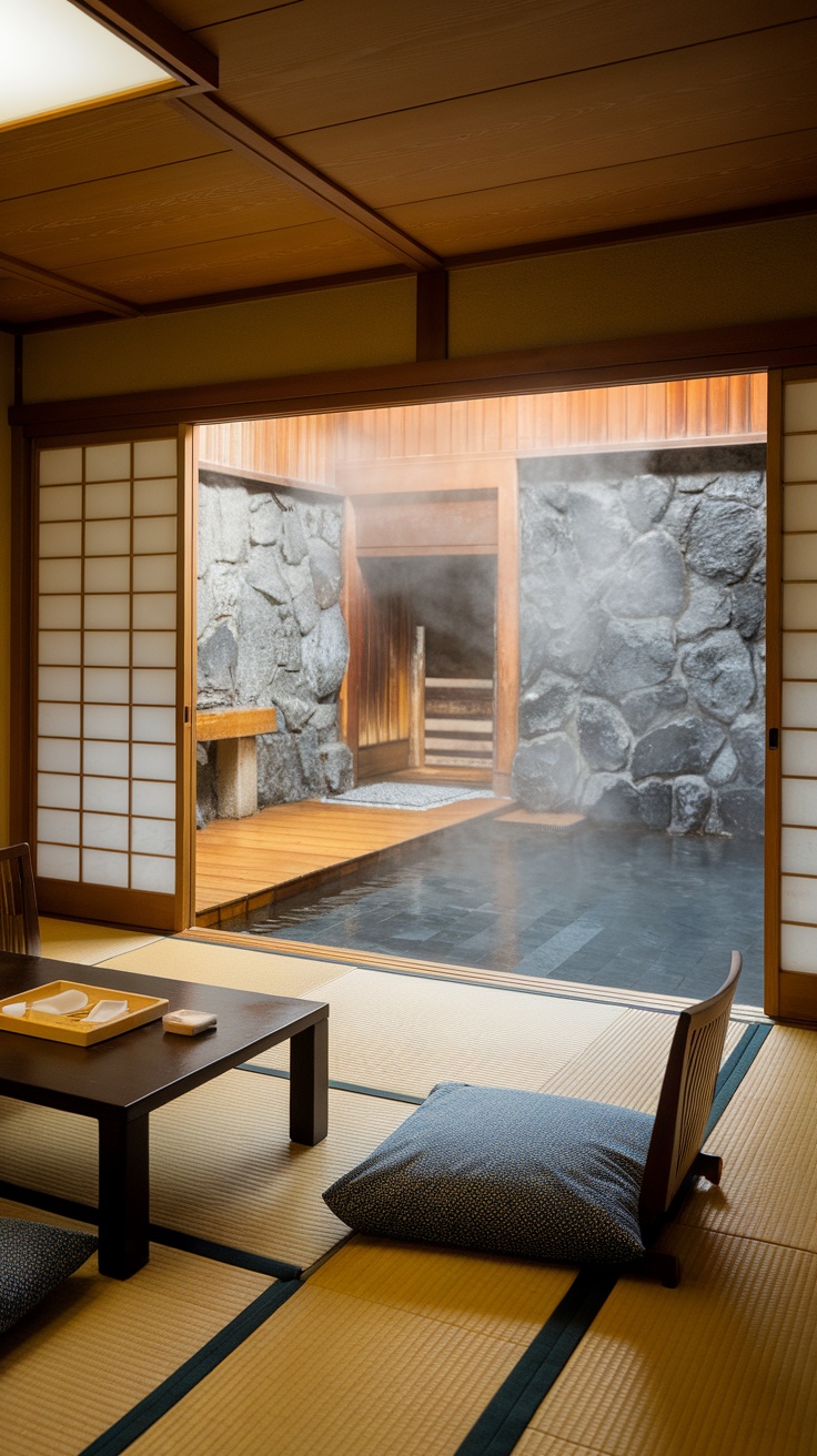 A traditional Japanese hotel room featuring a view of the onsen bathing facilities.