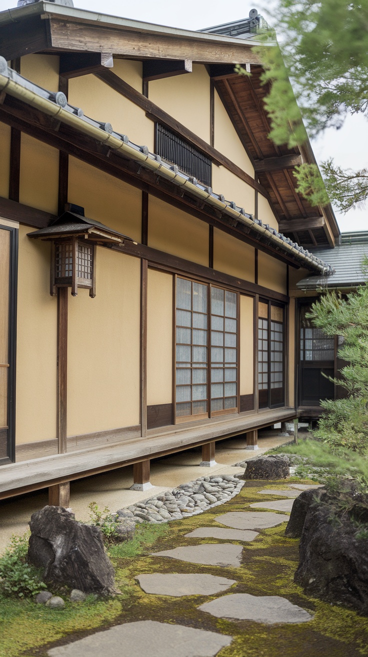 Exterior of a traditional Japanese ryokan with a stone path and wooden features.