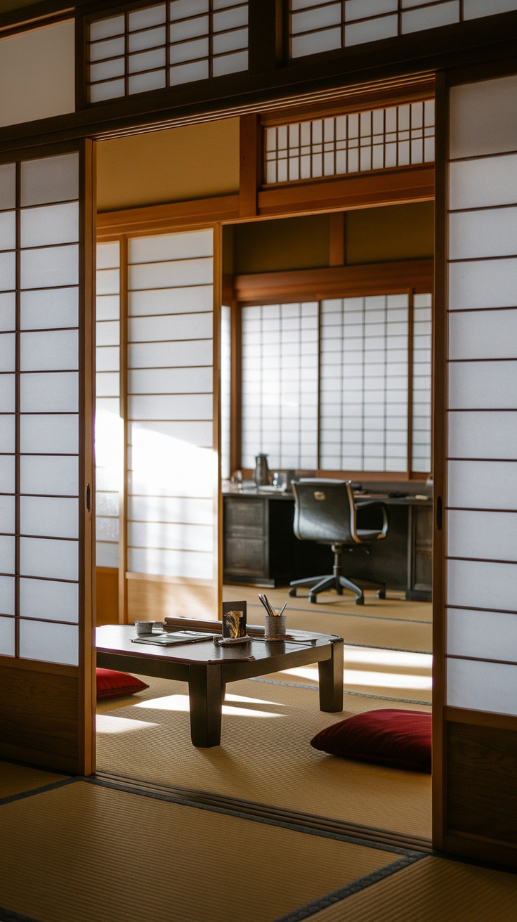 A traditional Japanese study room featuring shoji screen dividers.