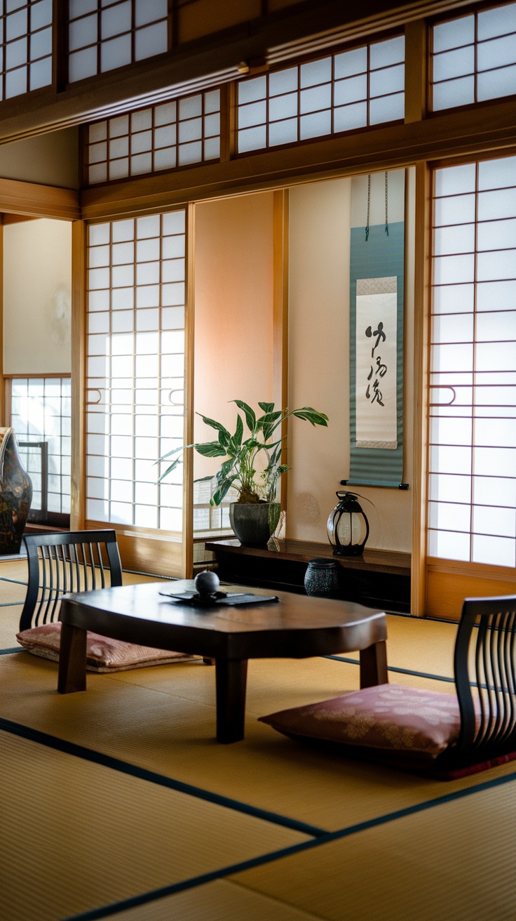 Interior of a traditional Japanese tea room showcasing tatami mats and shoji screens.