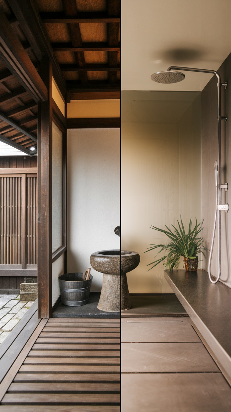 A split view of a traditional Japanese shower room and a modern Japanese shower design, showcasing natural materials and sleek fixtures.