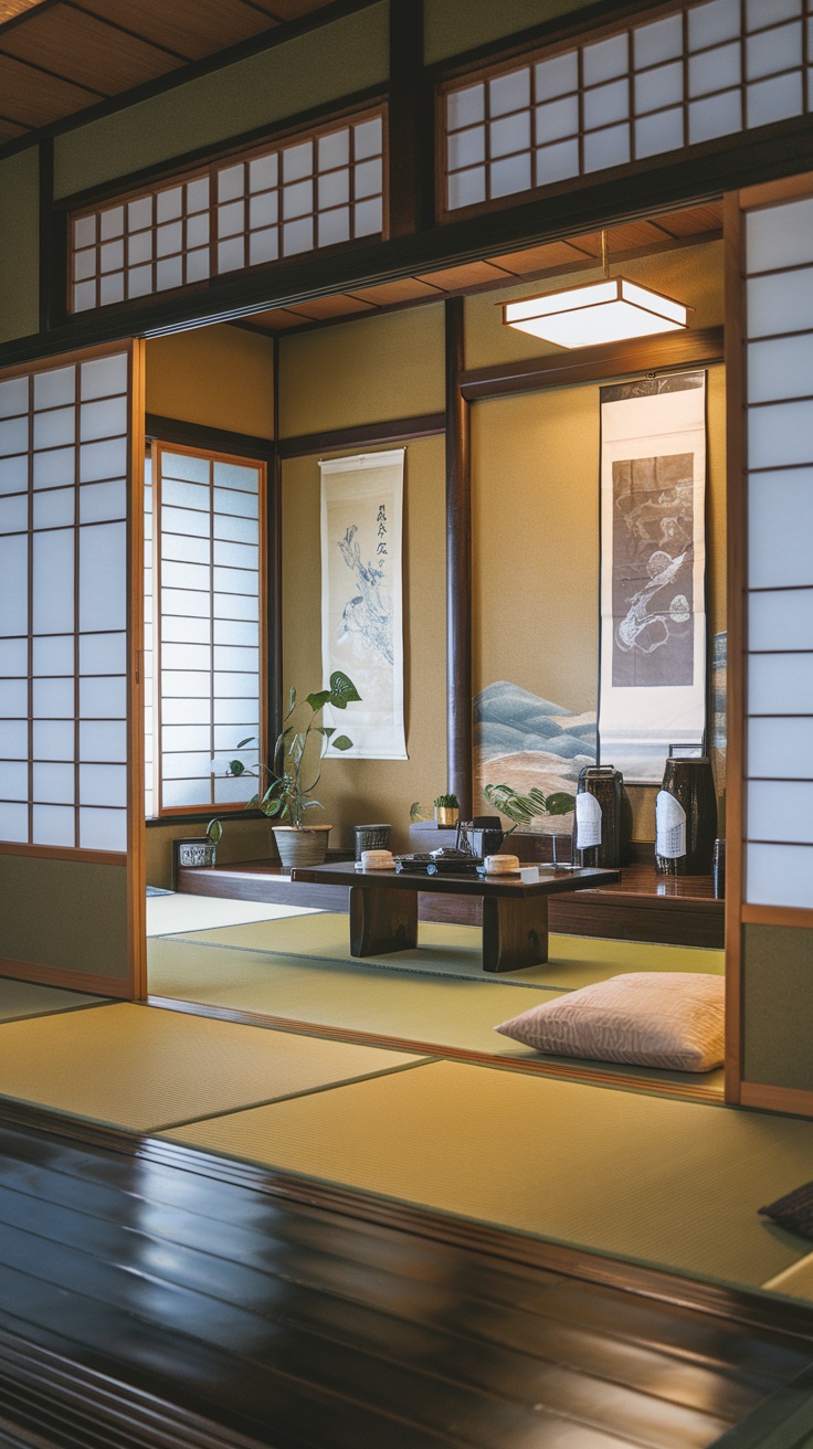 A traditional Japanese tatami room featuring sliding doors, tatami mats, and low wooden furniture.