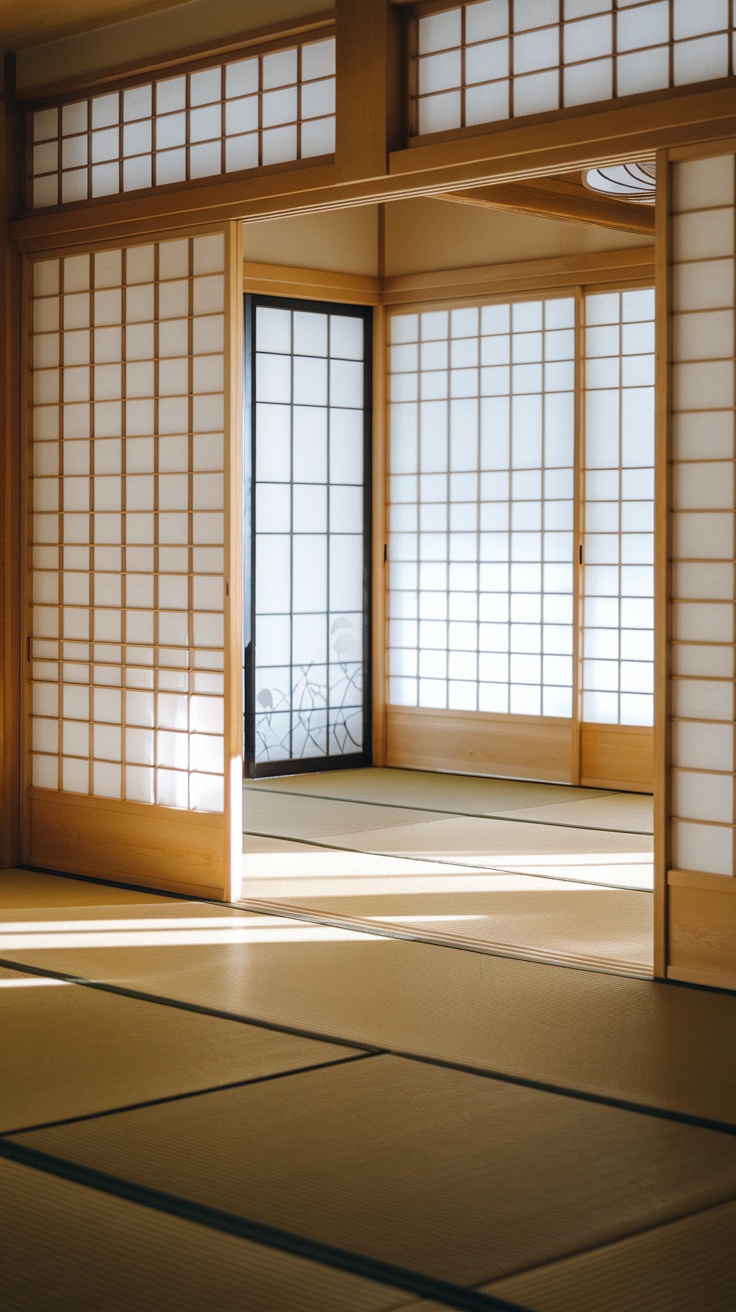 Interior view of a Japanese room featuring shoji screens that create a warm and inviting atmosphere.